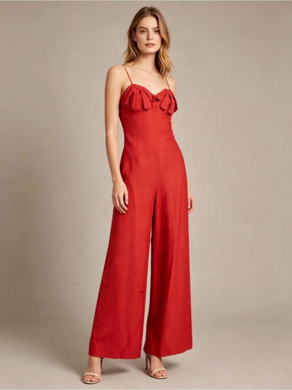 FARM Rio Red Ruffled Bust Wide-Leg Jumpsuit